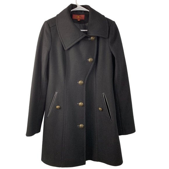7 for all Mankind Wool Pea coat Black Leather Trim Size Small Button 6629 - Picture 1 of 12